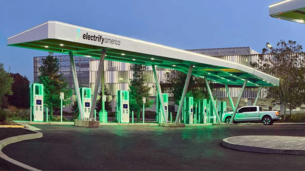 Electric Vehicles Charging Station: Modern Electrify America fast charger for electric vehicles