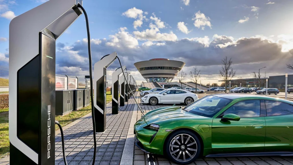 Porsche fast charging station with Taycan plugged in